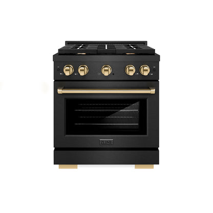 ZLINE Autograph Edition 30 in. 4.2 cu. ft. Paramount Dual Fuel Range with 4 Burner Gas Cooktop and Electric Convection Oven in Black Satin Stainless Steel with Polished Gold Accents, Open Box-Good Condition