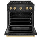 ZLINE Autograph Edition 30 in. 4.2 cu. ft. Paramount Dual Fuel Range with 4 Burner Gas Cooktop and Electric Convection Oven in Black Satin Stainless Steel with Polished Gold Accents (SDRBSZ-30-G) front, oven open.