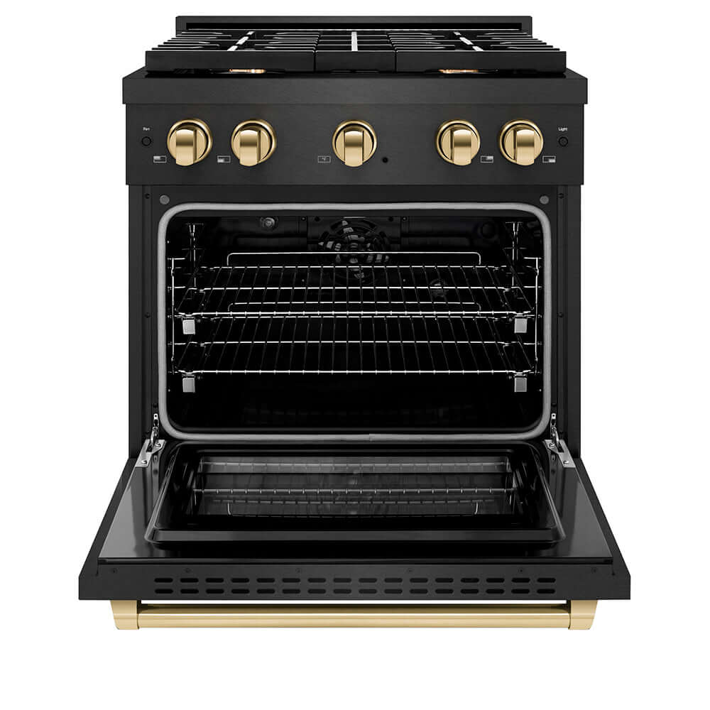 ZLINE Autograph Edition 30 in. 4.2 cu. ft. Paramount Dual Fuel Range with 4 Burner Gas Cooktop and Electric Convection Oven in Black Satin Stainless Steel with Polished Gold Accents (SDRBSZ-30-G) front, oven open.
