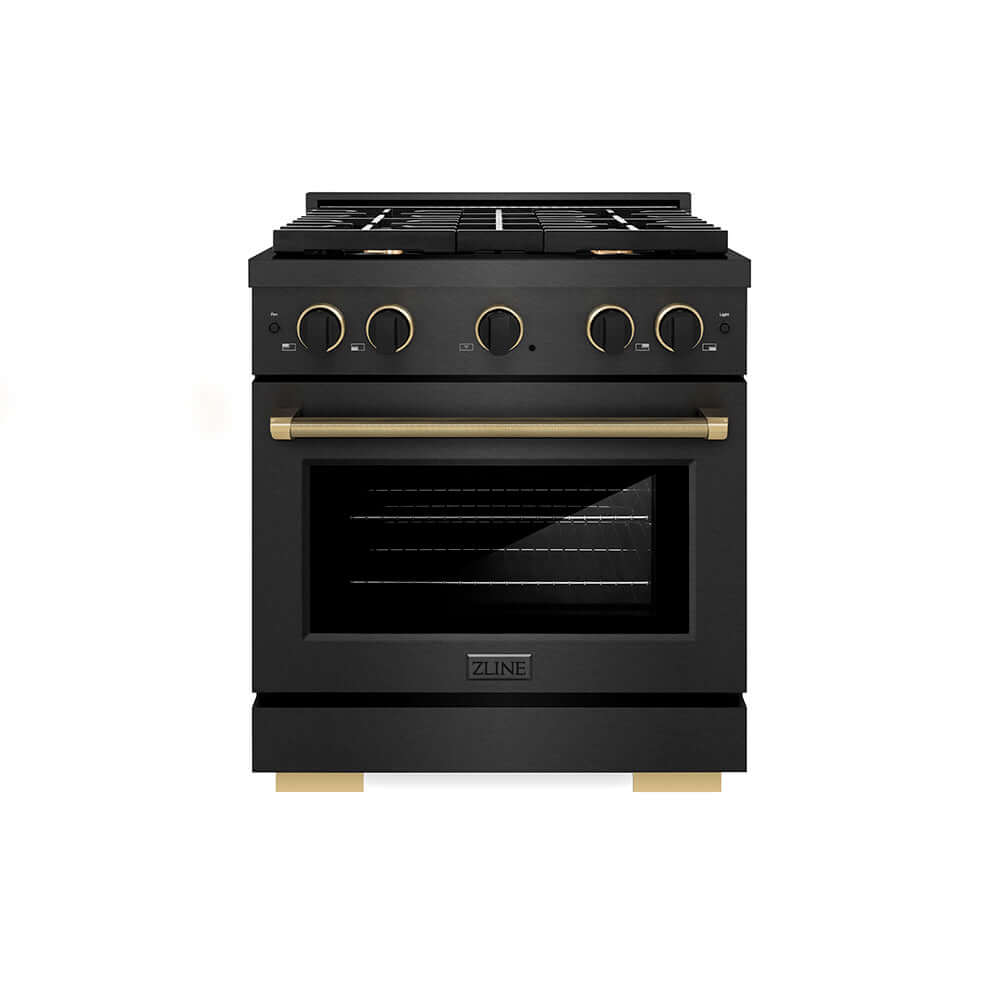 ZLINE Designer Collection 30 in. 4.2 cu. ft. Paramount Dual Fuel Range with 4 Burner Gas Cooktop and Electric Convection Oven in Black Satin Stainless Steel with Matte Black and Champagne Bronze Accents (SDRBSZ-30-MBCB) front.
