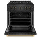 ZLINE Designer Collection 30 in. 4.2 cu. ft. Paramount Dual Fuel Range with 4 Burner Gas Cooktop and Electric Convection Oven in Black Satin Stainless Steel with Matte Black and Champagne Bronze Accents (SDRBSZ-30-MBCB) front, oven open.