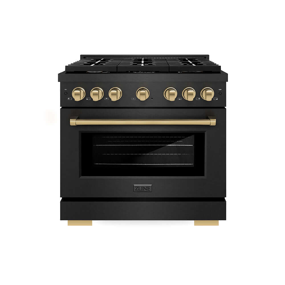 ZLINE Autograph Edition 36 in. 5.2 cu. ft. Paramount Dual Fuel Range with 6 Burner Gas Cooktop and Electric Convection Oven in Black Satin Stainless Steel with Champagne Bronze Accents (SDRBSZ-36-CB) front.