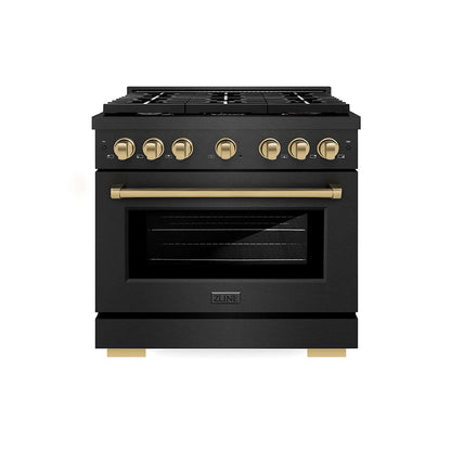 ZLINE Autograph Edition 36 in. 5.2 cu. ft. Paramount Dual Fuel Range with 6 Burner Gas Cooktop and Electric Convection Oven in Black Satin Stainless Steel with Champagne Bronze Accents, Open Box-Great Condition