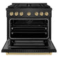 ZLINE Autograph Edition 36 in. 5.2 cu. ft. Paramount Dual Fuel Range with 6 Burner Gas Cooktop and Electric Convection Oven in Black Satin Stainless Steel with Champagne Bronze Accents (SDRBSZ-36-CB) front, oven open.