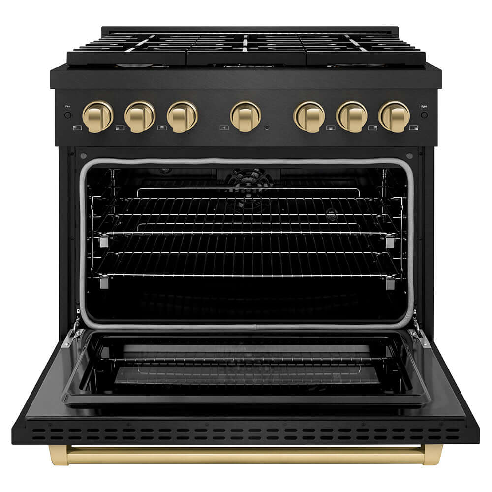 ZLINE Autograph Edition 36 in. 5.2 cu. ft. Paramount Dual Fuel Range with 6 Burner Gas Cooktop and Electric Convection Oven in Black Satin Stainless Steel with Champagne Bronze Accents (SDRBSZ-36-CB) front, oven open.