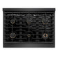 ZLINE Autograph Edition 36 in. 5.2 cu. ft. Paramount Dual Fuel Range with 6 Burner Gas Cooktop and Electric Convection Oven in Black Satin Stainless Steel with Champagne Bronze Accents (SDRBSZ-36-CB) top-down, above cooktop.