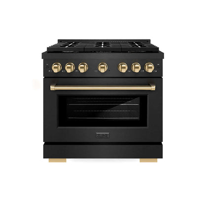 ZLINE Autograph Edition 36 in. 5.2 cu. ft. Paramount Dual Fuel Range with 6 Burner Gas Cooktop and Electric Convection Oven in Black Satin Stainless Steel with Polished Gold Accents (SDRBSZ-36-G) front.