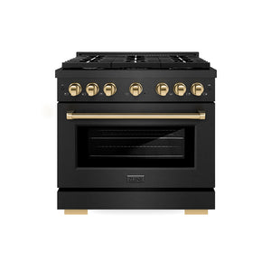 ZLINE Autograph Edition 36 in. 5.2 cu. ft. Paramount Dual Fuel Range with 6 Burner Gas Cooktop and Electric Convection Oven in Black Satin Stainless Steel with Polished Gold Accents, Open Box-Good Condition main image.