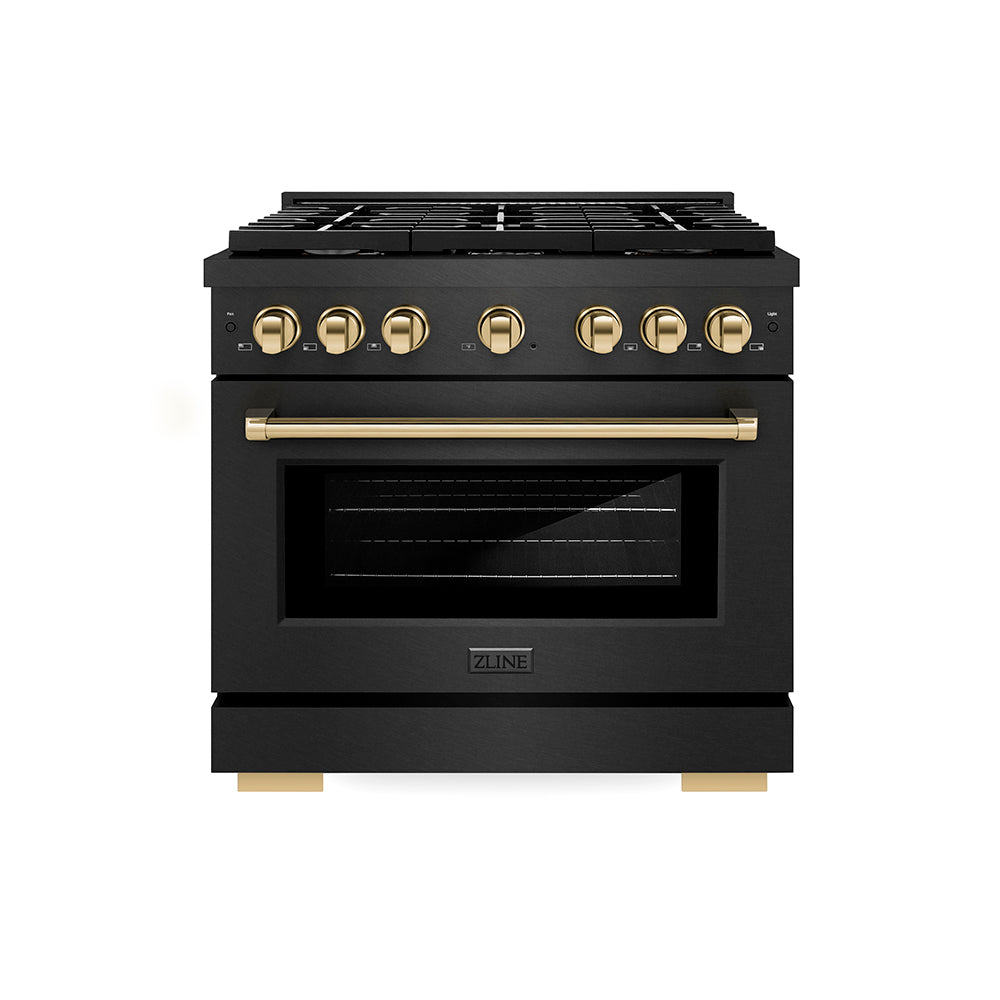 ZLINE Autograph Edition 36 in. 5.2 cu. ft. Paramount Dual Fuel Range with 6 Burner Gas Cooktop and Electric Convection Oven in Black Satin Stainless Steel with Polished Gold Accents, Open Box-Great Condition main image.