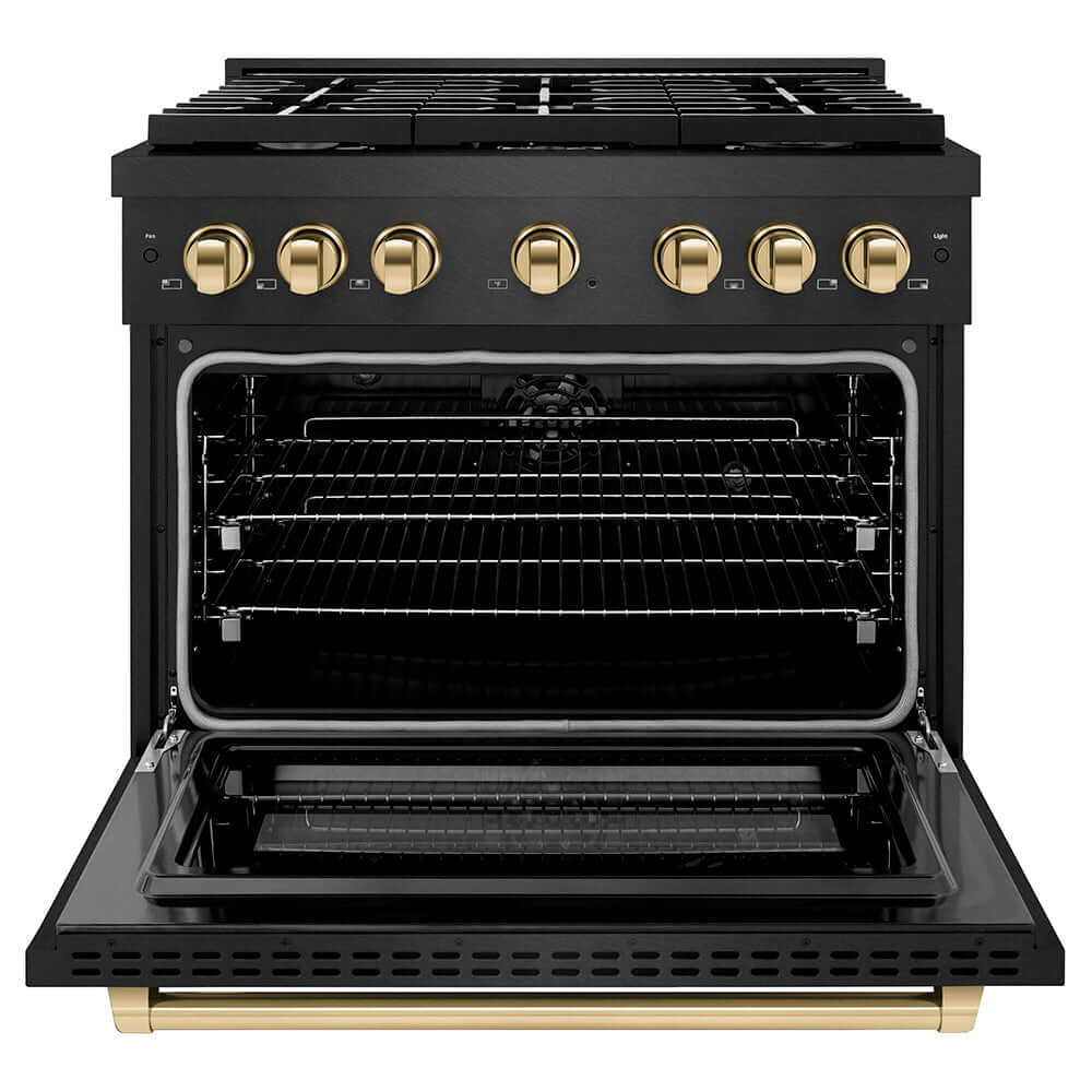 ZLINE Autograph Edition 36 in. 5.2 cu. ft. Paramount Dual Fuel Range with 6 Burner Gas Cooktop and Electric Convection Oven in Black Satin Stainless Steel with Polished Gold Accents (SDRBSZ-36-G) front, oven open.