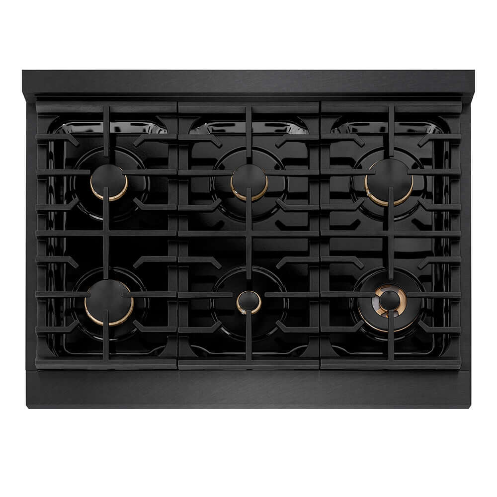 ZLINE Autograph Edition 36 in. 5.2 cu. ft. Paramount Dual Fuel Range with 6 Burner Gas Cooktop and Electric Convection Oven in Black Satin Stainless Steel with Polished Gold Accents (SDRBSZ-36-G) top-down, above cooktop.
