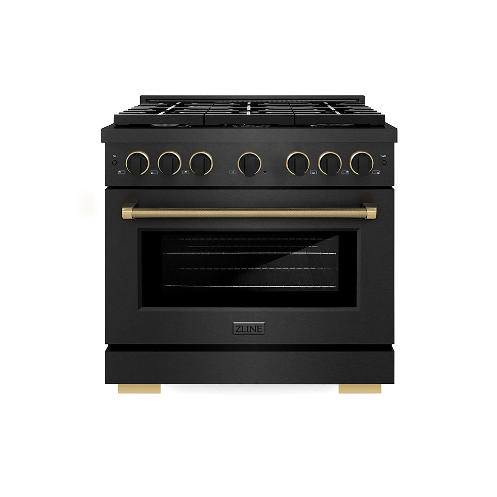 ZLINE Designer Collection 36 in. 5.2 cu. ft. Paramount Dual Fuel Range with 6 Burner Gas Cooktop and Electric Convection Oven in Black Satin Stainless Steel with Matte Black and Champagne Bronze Accents, Open Box-Good Condition main image.