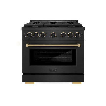 ZLINE Designer Collection 36 in. 5.2 cu. ft. Paramount Dual Fuel Range with 6 Burner Gas Cooktop and Electric Convection Oven in Black Satin Stainless Steel with Matte Black and Champagne Bronze Accents, Open Box-Good Condition