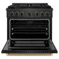 ZLINE Designer Collection 36 in. 5.2 cu. ft. Paramount Dual Fuel Range with 6 Burner Gas Cooktop and Electric Convection Oven in Black Satin Stainless Steel with Matte Black and Champagne Bronze Accents, Open Box-Good Condition