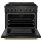 ZLINE Designer Collection 36 in. 5.2 cu. ft. Paramount Dual Fuel Range with 6 Burner Gas Cooktop and Electric Convection Oven in Black Satin Stainless Steel with Matte Black and Champagne Bronze Accents, Open Box-Great Condition