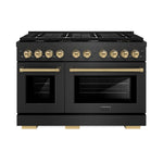 ZLINE Autograph Edition 48 in. 6.7 cu. ft. Paramount Double Oven Dual Fuel Range with 8 Burner Gas Cooktop in Black Satin Stainless Steel and Champagne Bronze Accents (SDRBSZ-48-CB) front.