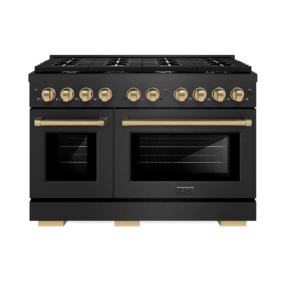 ZLINE Autograph Edition 48 in. 6.7 cu. ft. Paramount Double Oven Dual Fuel Range with 8 Burner Gas Cooktop in Black Satin Stainless Steel and Champagne Bronze Accents (SDRBSZ-48-CB) front.