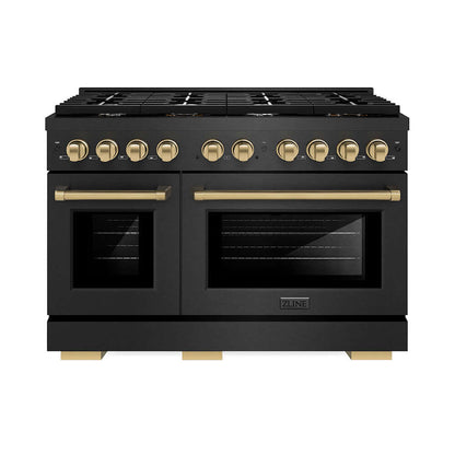 ZLINE Autograph Edition 48 in. 6.7 cu. ft. Paramount Double Oven Dual Fuel Range with 8 Burner Gas Cooktop in Black Satin Stainless Steel and Champagne Bronze Accents (SDRBSZ-48-CB) front.