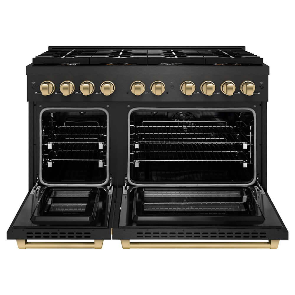 ZLINE Autograph Edition 48 in. 6.7 cu. ft. Paramount Double Oven Dual Fuel Range with 8 Burner Gas Cooktop in Black Satin Stainless Steel and Champagne Bronze Accents (SDRBSZ-48-CB) front, oven open.