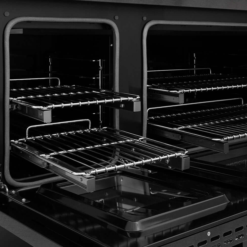 ZLINE Autograph Edition 48 in. 6.7 cu. ft. Paramount Double Oven Dual Fuel Range with 8 Burner Gas Cooktop in Black Satin Stainless Steel and Champagne Bronze Accents (SDRBSZ-48-CB) oven open with racks extended, showing interior design and structure.