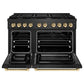 ZLINE Autograph Edition 48 in. 6.7 cu. ft. Paramount Double Oven Dual Fuel Range with 8 Burner Gas Cooktop in Black Satin Stainless Steel and Polished Gold Accents (SDRBSZ-48-G) front, oven open.