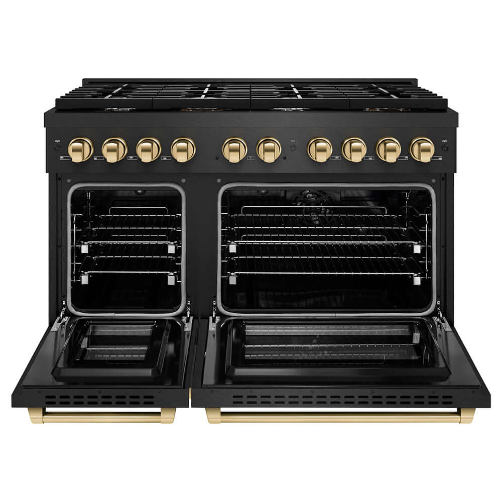ZLINE Autograph Edition 48 in. 6.7 cu. ft. Paramount Double Oven Dual Fuel Range with 8 Burner Gas Cooktop in Black Satin Stainless Steel and Polished Gold Accents (SDRBSZ-48-G) front, oven open.