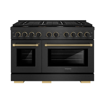 ZLINE Designer Collection 48 in. 6.7 cu. ft. Paramount Double Oven Dual Fuel Range with 8 Burner Gas Cooktop in Black Satin Stainless Steel with Matte Black and Champagne Bronze Accents, Open Box-Great Condition