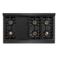 ZLINE Autograph Edition 48 in. 6.7 cu. ft. Paramount Dual Fuel Range with 8 Burner DuoPro™ Cooktop and Dual Ovens in Black Satin Stainless Steel and Polished Gold Accents (PSDRBSZ-48-G) top-down, above cooktop.