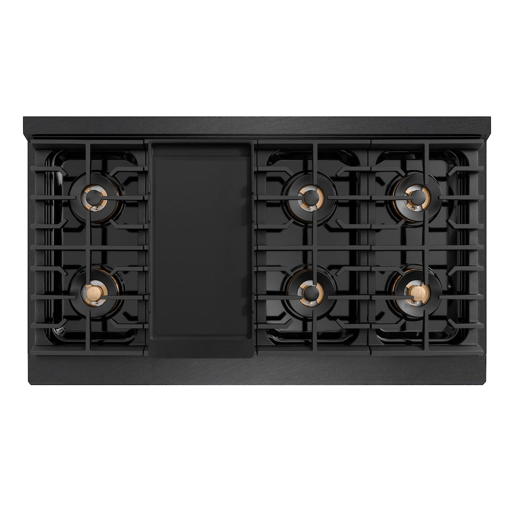 ZLINE Autograph Edition 48 in. 6.7 cu. ft. Paramount Dual Fuel Range with 8 Burner DuoPro™ Cooktop and Dual Ovens in Black Satin Stainless Steel and Polished Gold Accents (PSDRBSZ-48-G) top-down, above cooktop.