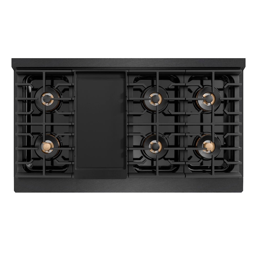 ZLINE Autograph Edition 48 in. 6.7 cu. ft. Paramount Dual Fuel Range with 8 Burner DuoPro™ Cooktop and Dual Ovens in Black Satin Stainless Steel and Polished Gold Accents, Open Box-Good Condition