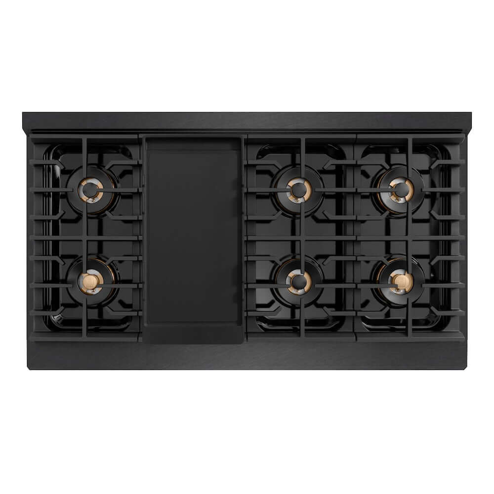 ZLINE 48 in. 6.7 cu. ft. Paramount Dual Fuel Range with 8 Burner DuoPro™ Cooktop and Dual Ovens in Black Satin Stainless Steel (PSDRBS-48) top-down, above cooktop.