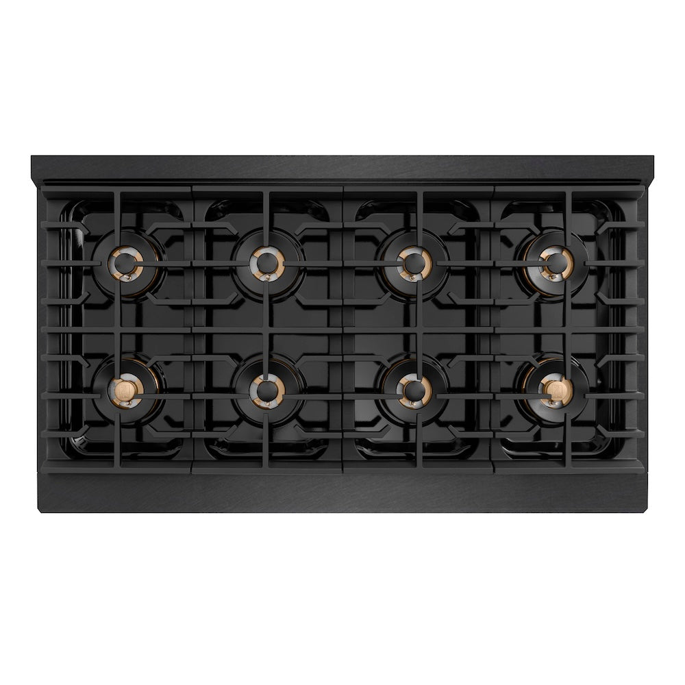 ZLINE Designer Collection 48 in. 6.7 cu. ft. Paramount Dual Fuel Range with 8 Burner DuoPro™ Cooktop and Dual Ovens in Black Satin Stainless Steel with Matte Black and Champagne Bronze Accents (PSDRBSZ-48-MBCB) top-down, above cooktop.