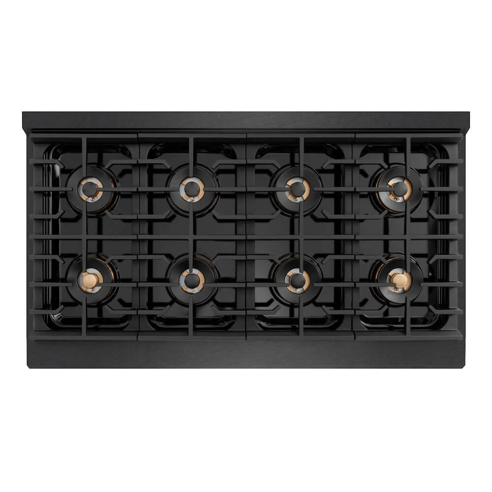 ZLINE 48 in. 6.7 cu. ft. Paramount Dual Fuel Range with 8 Burner DuoPro™ Cooktop and Dual Ovens in Black Satin Stainless Steel (PSDRBS-48) top-down, above cooktop.
