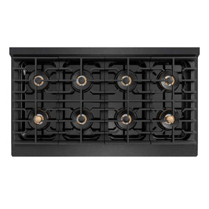 ZLINE 48 in. 6.7 cu. ft. Paramount Dual Fuel Range with 8 Burner DuoPro™ Cooktop and Dual Ovens in Black Satin Stainless Steel (PSDRBS-48) top-down, above cooktop.