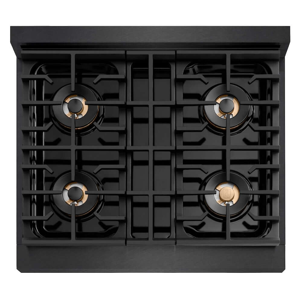 ZLINE 30 in. 4.2 cu. ft. Paramount Dual Fuel Range with 4 Burner DuoPro™ Cooktop and Electric Convection Oven in Black Satin Stainless Steel (PSDRBS-30) top-down, above cooktop.