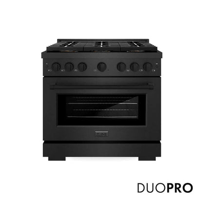 ZLINE 36 in. 5.2 cu. ft. Paramount Dual Fuel Range with 6 Burner DuoPro™ Cooktop and Electric Convection Oven in Black Satin Stainless Steel (PSDRBS-36) front, with DuoPro™ logo.