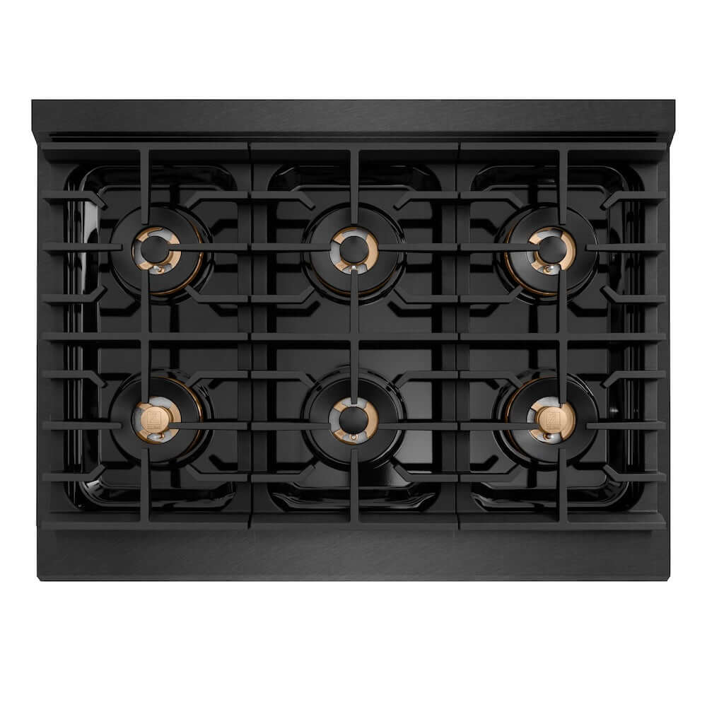 ZLINE 36 in. 5.2 cu. ft. Paramount Dual Fuel Range with 6 Burner DuoPro™ Cooktop and Electric Convection Oven in Black Satin Stainless Steel (PSDRBS-36) top-down, above cooktop.