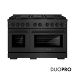 ZLINE 48 in. 6.7 cu. ft. Paramount Dual Fuel Range with 8 Burner DuoPro™ Cooktop and Dual Ovens in Black Satin Stainless Steel (PSDRBS-48) front, with DuoPro™ logo.