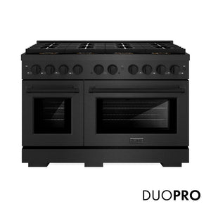 ZLINE 48 in. 6.7 cu. ft. Paramount Dual Fuel Range with 8 Burner DuoPro™ Cooktop and Dual Ovens in Black Satin Stainless Steel, Open Box-Great Condition main image.