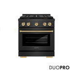 ZLINE Autograph Edition 30 in. 4.2 cu. ft. Paramount Dual Fuel Range with 4 Burner DuoPro™ Cooktop and Electric Convection Oven in Black Satin Stainless Steel and Champagne Bronze Accents (PSDRBSZ-30-CB) front, with DuoPro™ logo.