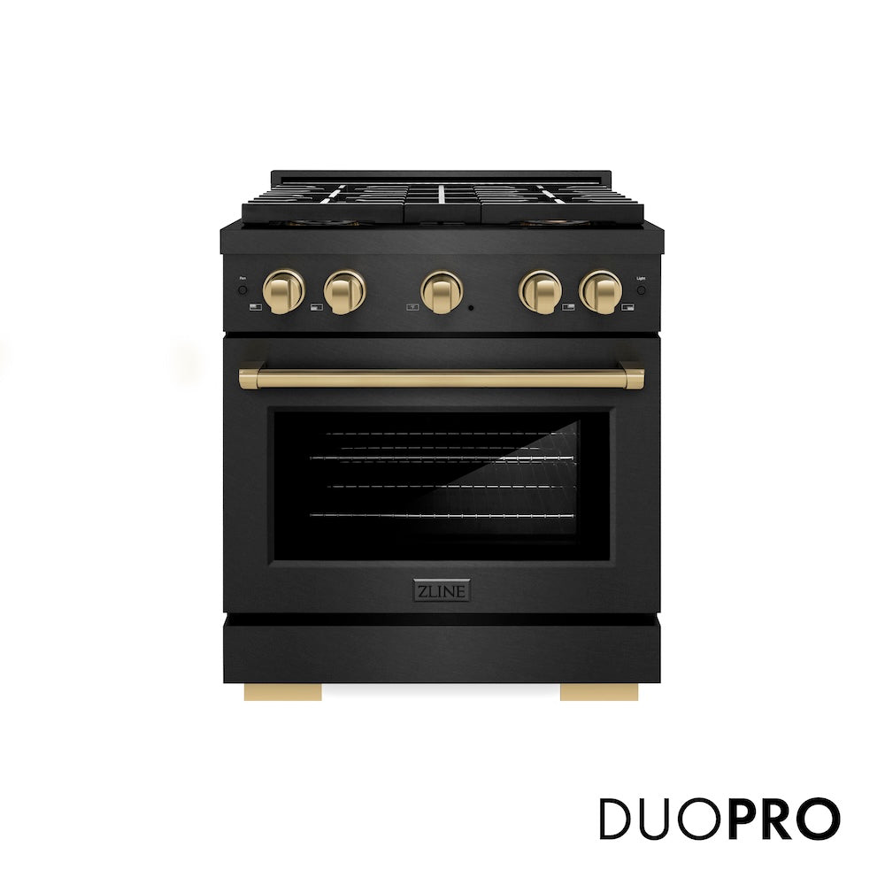 ZLINE Autograph Edition 30 in. 4.2 cu. ft. Paramount Dual Fuel Range with 4 Burner DuoPro™ Cooktop and Electric Convection Oven in Black Satin Stainless Steel and Champagne Bronze Accents (PSDRBSZ-30-CB) front, with DuoPro™ logo.
