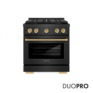 ZLINE Autograph Edition 30 in. 4.2 cu. ft. Paramount Dual Fuel Range with 4 Burner DuoPro™ Cooktop and Electric Convection Oven in Black Satin Stainless Steel and Champagne Bronze Accents (PSDRBSZ-30-CB) main image.