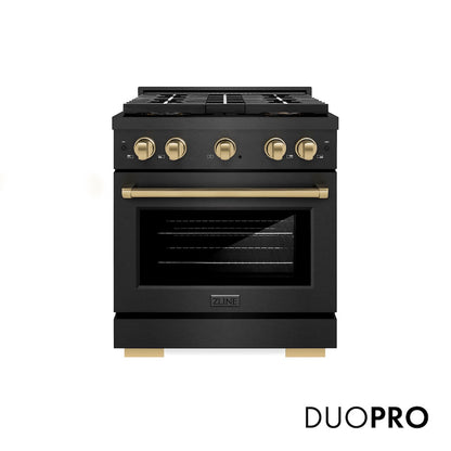 ZLINE Autograph Edition 30 in. 4.2 cu. ft. Paramount Dual Fuel Range with 4 Burner DuoPro™ Cooktop and Electric Convection Oven in Black Satin Stainless Steel and Champagne Bronze Accents (PSDRBSZ-30-CB) front, with DuoPro™ logo.
