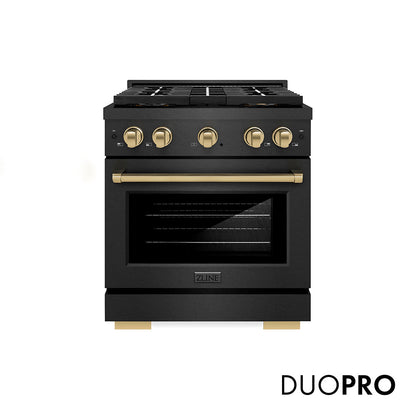 ZLINE Autograph Edition 30 in. 4.2 cu. ft. Paramount Dual Fuel Range with 4 Burner DuoPro™ Cooktop and Electric Convection Oven in Black Satin Stainless Steel and Champagne Bronze Accents, Open Box-Great Condition