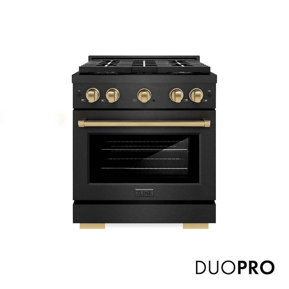 ZLINE Autograph Edition 30 in. 4.2 cu. ft. Paramount Dual Fuel Range with 4 Burner DuoPro™ Cooktop and Electric Convection Oven in Black Satin Stainless Steel and Champagne Bronze Accents, Open Box-Good Condition