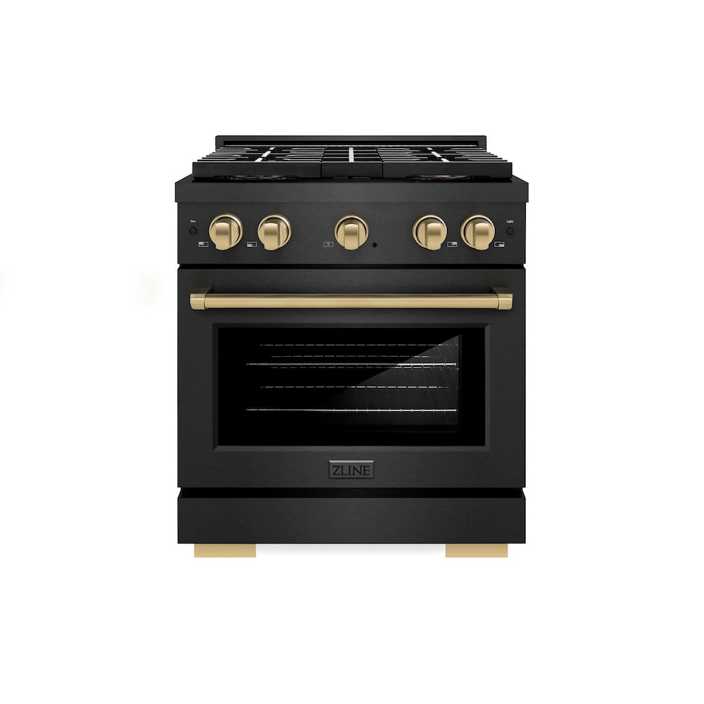 ZLINE Autograph Edition 30 in. 4.2 cu. ft. Paramount Dual Fuel Range with 4 Burner DuoPro™ Cooktop and Electric Convection Oven in Black Satin Stainless Steel and Champagne Bronze Accents (PSDRBSZ-30-CB) front.