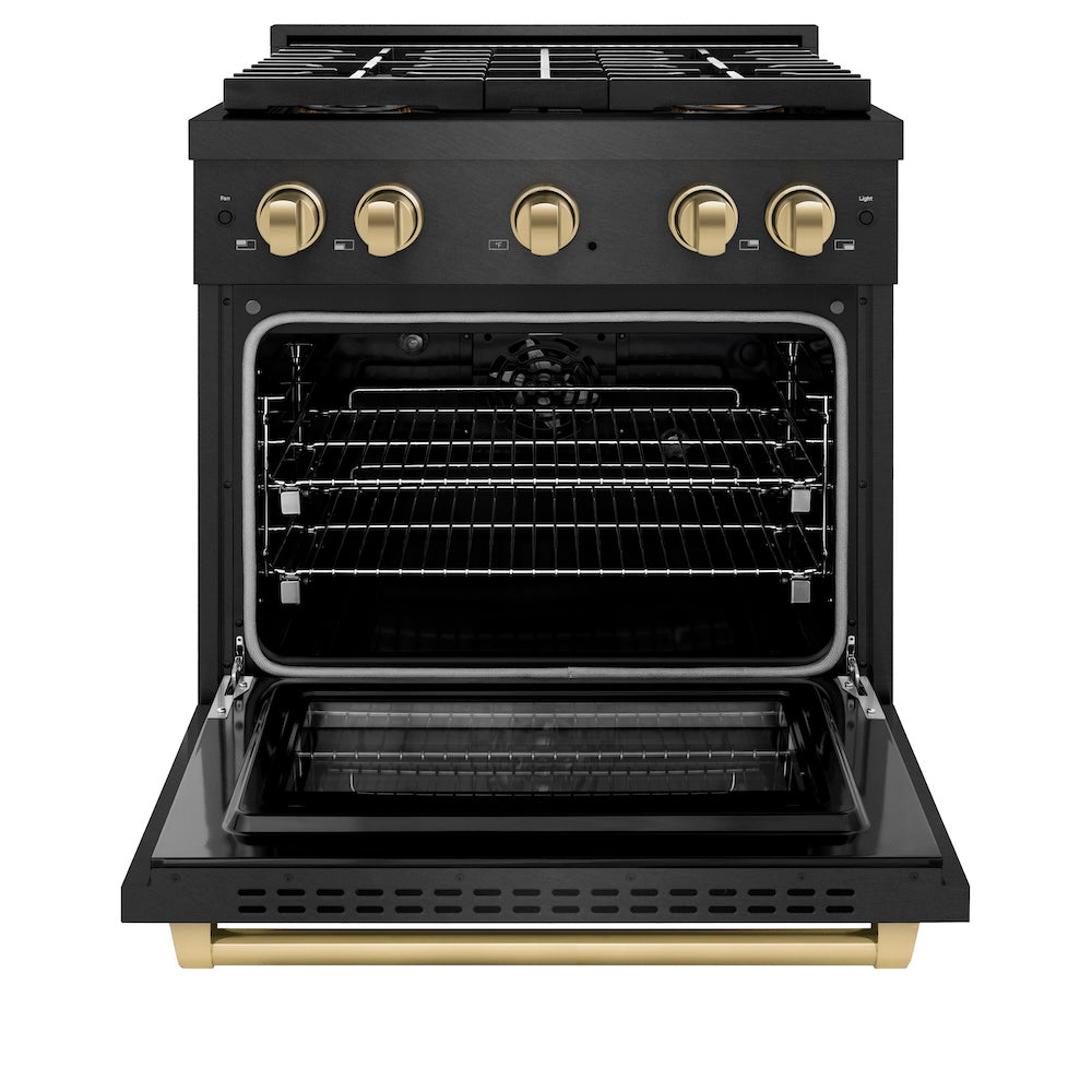 ZLINE Autograph Edition 30 in. 4.2 cu. ft. Paramount Dual Fuel Range with 4 Burner DuoPro™ Cooktop and Electric Convection Oven in Black Satin Stainless Steel and Champagne Bronze Accents, Open Box-Good Condition