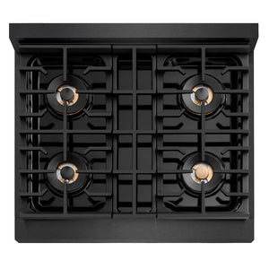 ZLINE Autograph Edition 30 in. 4.2 cu. ft. Paramount Dual Fuel Range with 4 Burner DuoPro™ Cooktop and Electric Convection Oven in Black Satin Stainless Steel and Champagne Bronze Accents (PSDRBSZ-30-CB) top-down, above cooktop.