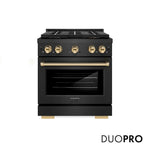 ZLINE Autograph Edition 30 in. 4.2 cu. ft. Paramount Dual Fuel Range with 4 Burner DuoPro™ Cooktop and Electric Convection Oven in Black Satin Stainless Steel and Polished Gold Accents (PSDRBSZ-30-G) front, with DuoPro™ logo.