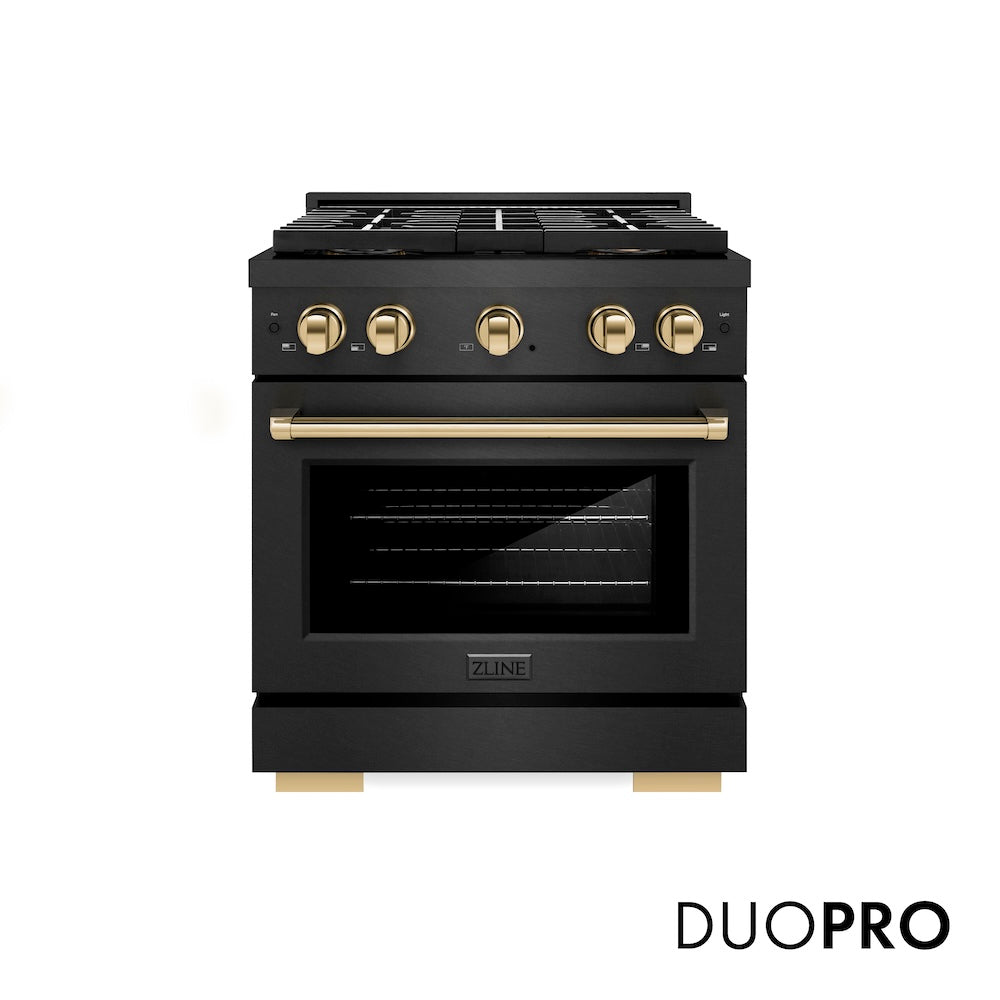 ZLINE Autograph Edition 30 in. 4.2 cu. ft. Paramount Dual Fuel Range with 4 Burner DuoPro™ Cooktop and Electric Convection Oven in Black Satin Stainless Steel and Polished Gold Accents (PSDRBSZ-30-G) front, with DuoPro™ logo.